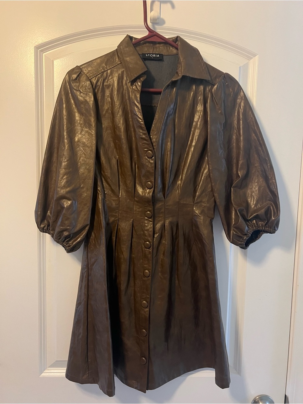 Storia Brown Faux Leather Button-Front A‑Line Coat Dress